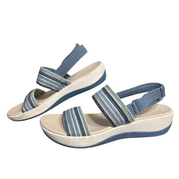 Clarks Cloudsteppers Sandals Womens Size 10 Blue White Striped Slingback Wedge - Picture 3 of 13